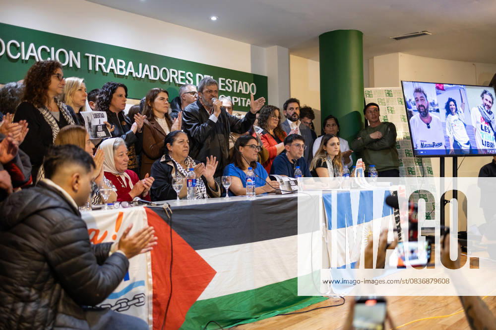 Press conference demanding the release of the three Argentinians Celeste Fierro, Carlos Bertola, and Ezequiel Peressini, who were aboard the Global Smud flotilla en route to Gaza to deliver humanitarian aid and were detained after the vessel was intercepted by the Israeli government. Buenos Aires Argentina - ZUMAp265 20251006_zip_p265_007