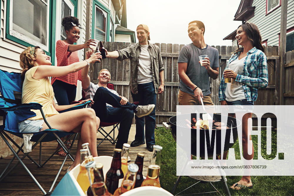 Friends, cheers and beer in backyard with bbq for social event, party or celebration with talking in home. People, drinking alcohol and toast with relax, conversation or diversity at barbecue reunion Friends, cheers and beer in backyard with bbq for social event, party or celebration with talking in home. People, drinking alcohol and toast with relax, conversation or diversity at barbecue reunion., model released, , 59856106.jpg RECORD DATE NOT STATED