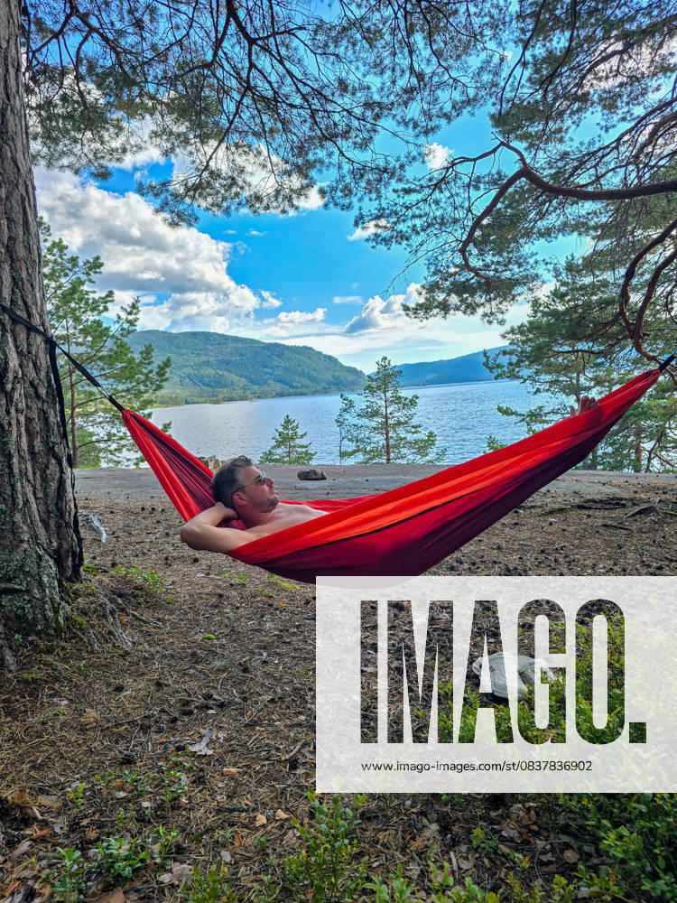 Entspannen in einer Hängematte an den ruhigen Gewässern Norwegens unter einem strahlend blauen Himmel A men enjoys a peaceful moment in a vibrant hammock, nestled between trees by Norways tranquil lake. The stunning landscape features lush greenery and distant mountains against bright skies. (License=RF) ,model released, Symbolfoto