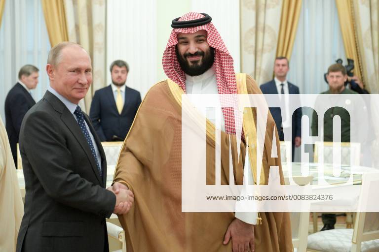 MOSCOW, RUSSIA – JUNE 14, 2018: Russia s President Vladimir Putin (L) shakes hands with Saudi Arabia s Crown Prince Mohammed Bin Salman Al Saud during talks at the Moscow Kremlin. Alexei Druzhinin Russian Presidential Press and Information Office TASS TS0841CE