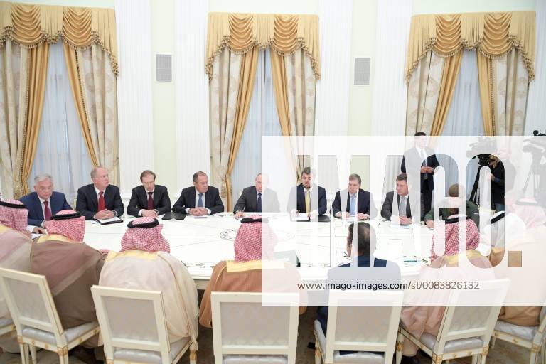 MOSCOW, RUSSIA – JUNE 14, 2018: Dmitry Shugayev, Director of the Federal Service for Military and Technical Cooperation and Rostec Supervisory Board member, Russian Direct Investment Fund CEO Kirill Dmitriev, Russia s Industry and Trade Minister Denis Manturov, Russia s Foreign Minister Sergei Lavrov, and Russia s President Vladimir Putin (L-R), Russia s Chechen Republic head Ramzan Kadyrov, Russia s Energy Minister Alexander Novak, Russian Presidential Aide Yuri Ushakov (R-L) during a meeting with Saudi Arabia s Crown Prince Mohammed Bin Salman Al Saud at the Moscow Kremlin. Alexei Druzhinin Russian Presidential Press and Information Office TASS TS0841EE