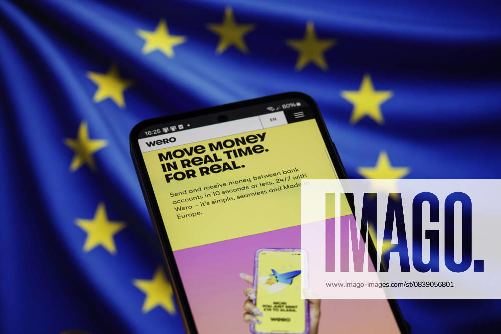 Wero - EPI - Photo Illustration The Wero web page is displayed on a mobile phone with the European flag in the background, in this photo illustration in Brussels, Belgium, on November 1, 2025. Brussels Belgium
