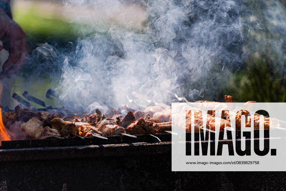 Grilled meat cooking on barbecue with smoky flavor Juicy pieces of meat sizzling on a barbecue grill, enveloped by smoky flavors. The skewers of tender meat capture the essence of outdoor cooking and summer gatherings. Model Released AnnaBogush_ID32207_1096612_001