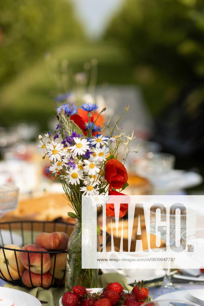 IMAGO Creative, Lifestyle, Feste im Garten #2 Floral arrangement at summer picnic brunch table A vibrant bouquet of wildflowers in a glass jar adorns an outdoor brunch table. Surrounded by peaches and strawberries, the scene exudes a warm, inviting picnic ambiance. Model Released Ptashkimenko_ID32470_1106470_001
