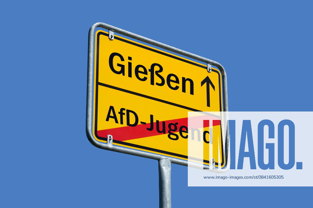 Ortsschild mit Gießen und durchgestrichene AfD-Jugend Fotomontage: Ortsschild mit Gießen und durchgestrichene AfD-Jugend, 25.11.2025, Auf einem Ortsschild befindet sich der Schriftzug Gießen und die durchgestrichene AfD-Jugend.