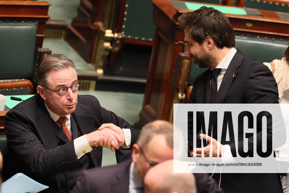 Prime Minister Bart De Wever and MR s Georges-Louis Bouchez pictured at a plenary session of the chamber with the political declaration of the Prime Minister at the federal parliament, in Brussels, Wednesday 26 November 2025. BENOITxDOPPAGNE 144362130