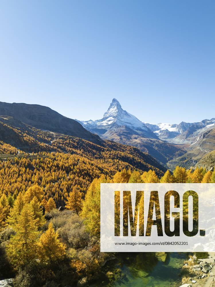 Matterhorn und gelbe goldene Lärchen im Herbst an einem sonnigen Oktobertag. Farben des Herbstes. Schweizer Alpen. Luftbild. Zermatt, Wallis, Schweiz Matterhorn Mountain and Yellow Golden Larches in Autumn on Sunny October Day. Fall Colors. Swiss Alps. Aerial View. Zermatt, Valais, Switzerland