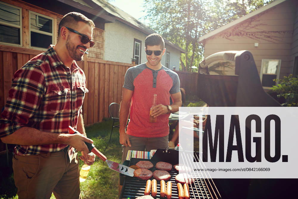BBQ, friends or people in backyard with grill, bonding or good time in outdoor party. Happiness, celebration or men at house with meat preparation, reunion or fun conversation in social gathering model released property released