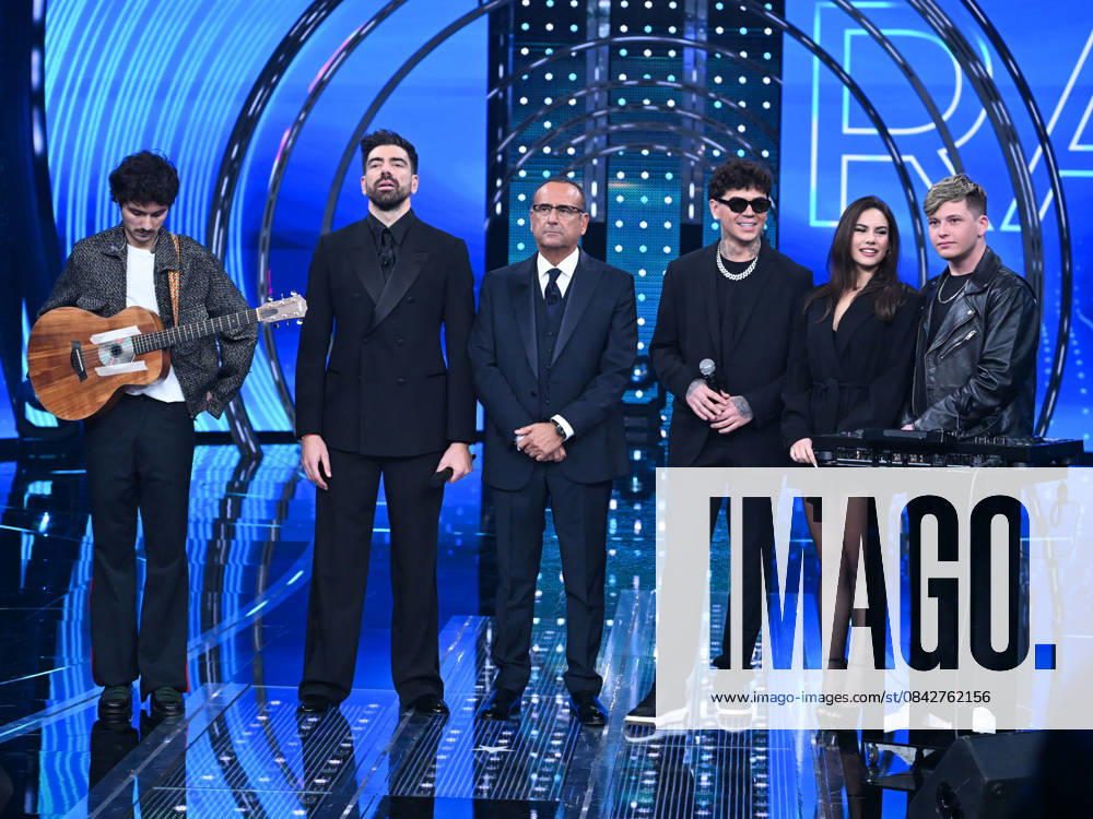 Sanremo, It Will Be Sanremo 2025. In the photo: Mazzariello, Gianluca Gazzoli, Carlo Conti, Blind, El Ma & Soniko