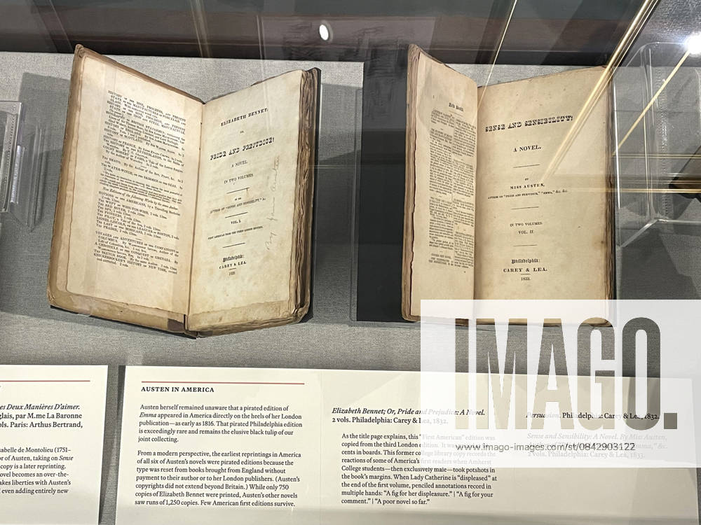 Photograph showing books analyzing the works of British writer Jane Austen at the exhibition ‘Paper Jane: 250 Years of Austen’ in New York, USA. 16 December 2025. Despite her short life, Austen (1775-1817) left behind an enduring legacy that the Grolier Club, a society of bibliophiles in New York, will explore in detail until February. New York displays a love letter to Jane Austen and her 250-year legacy !ACHTUNG: NUR REDAKTIONELLE NUTZUNG!