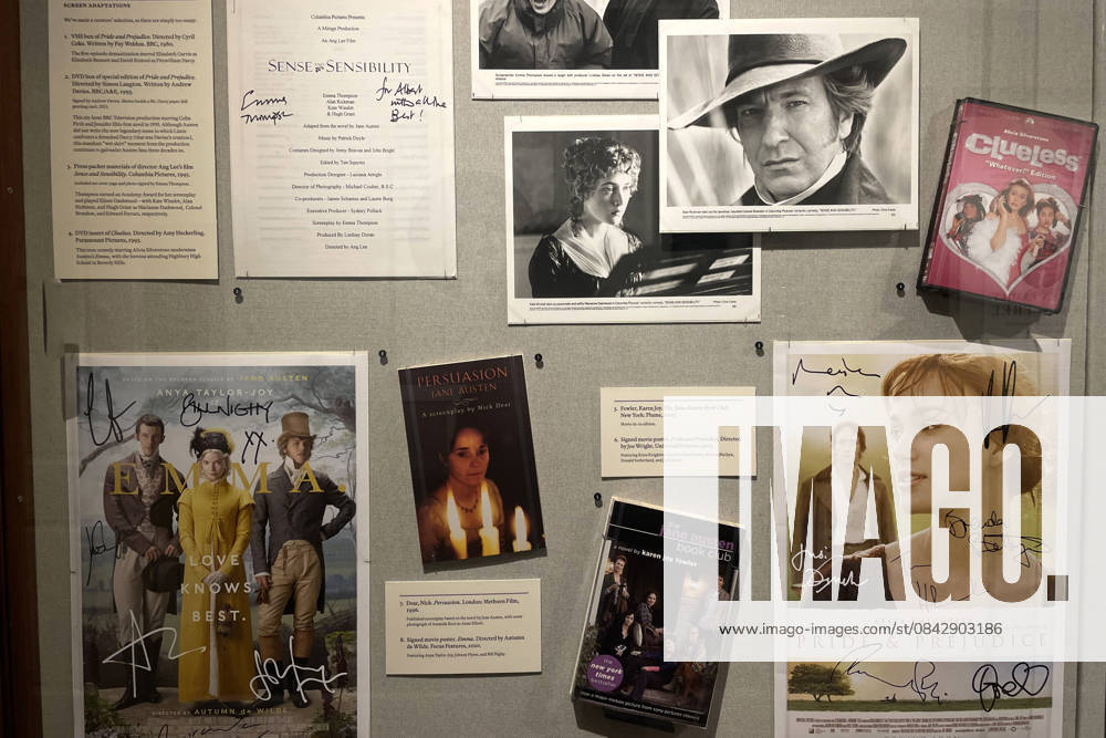 Photograph showing posters for films based on the works of British writer Jane Austen at the exhibition ‘Paper Jane: 250 Years of Austen’ in New York, USA, 16 December 2025. Despite her short life, Austen (1775-1817) left behind an enduring legacy that the Grolier Club, a society of bibliophiles in New York, will explore in detail until February. New York displays a love letter to Jane Austen and her 250-year legacy !ACHTUNG: NUR REDAKTIONELLE NUTZUNG!