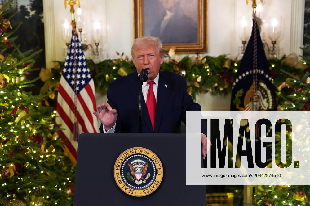 President Donald Trump delivers an address to the nation from the Diplomatic Room of the White House in Washington DC on Wednesday, December 17, 2025. The remarks will highlight the administrations actions during the past year and outline priorities for 2026, according to the White House. Pool WAX20251217619 DougxMills ThexNewxYorkxTimes
