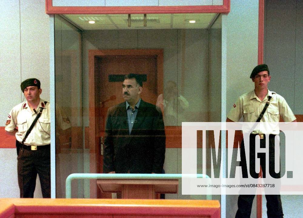 Anniversary of the 1999 arrest of PKK terrorist group head Abdullah Ocalan BURSA, TURKEY - (ARCHIVE): A file photo dated May 31, 1999 shows head of the terrorist organization PKK, Abdullah Ocalan standing inside a glass defendant s cage, in a court room during his trial in Imrali Island, in the Sea of Marmara, near Bursa province of Turkey. February 16 is the anniversary date of the 1999 arrest of Abdullah Ocalan. Bursa Turkey. Editorial use only. Please get in touch for any other usage.