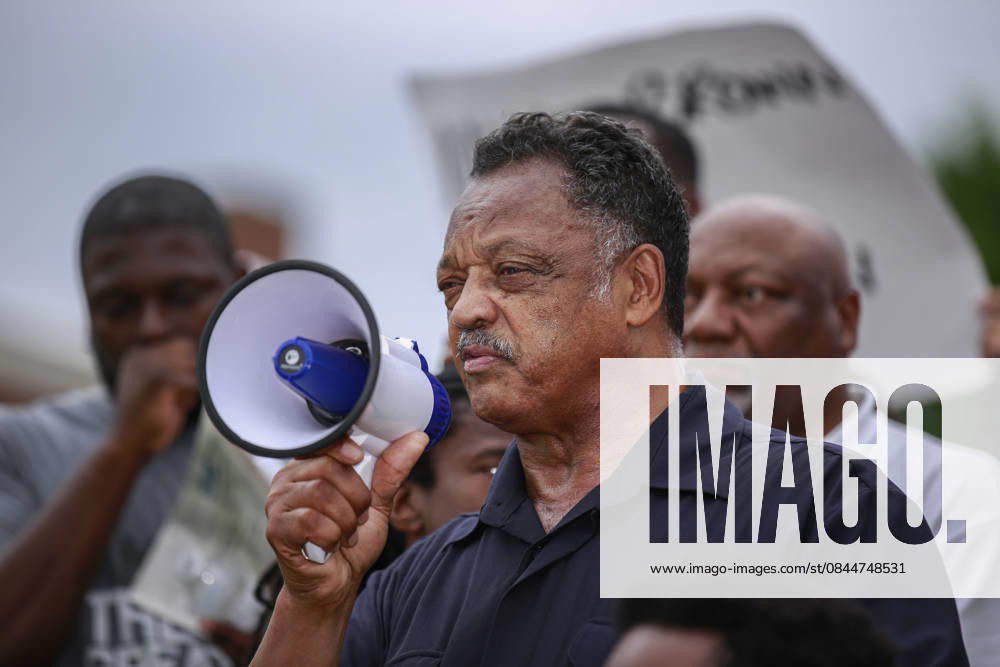 Protest over Michael Brown shooting in Ferguson continues FERGUSON, UNITED STATES - AUGUST 16: Reverend Jesse Jackson delivers a speech as Americans shout slogans and hold banners during a demonstration against the death of eighteen-year-old unarmed teen Michael Brown in Ferguson, Missouri on August 16, 2014. Brown, allegedly stole some cigars, shot dead by police in the St. Louis suburb of Ferguson, Missouri on August 09, 2014. New York United States. Editorial use only. Please get in touch for any other usage.