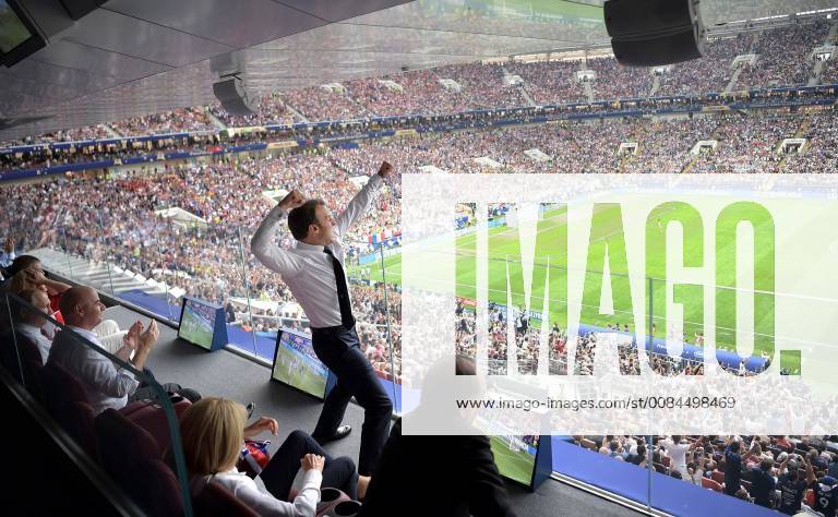 Moscow, Russia - French President Emmanuel Macron celebrates a French goal during the 2018 FIFA World Cup Final at Luzhniki stadium July 15, 2018 in Moscow, Russia. France defeated Croatia 4-2. Moscow Russia - ZUMAp138 20180715_zaa_p138_005