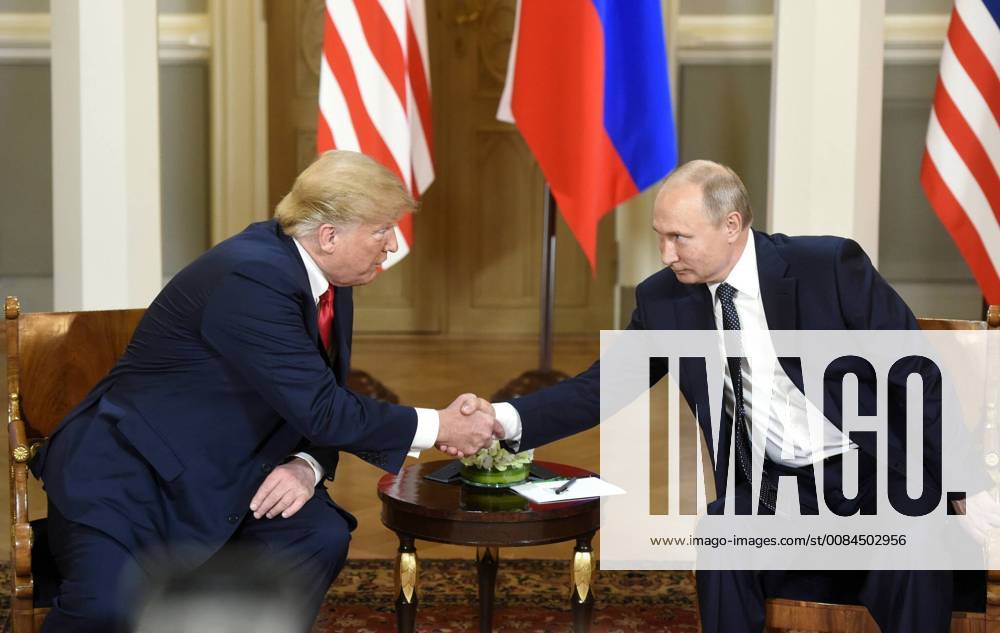 (180716) -- HELSINKI, July 16, 2018 -- U.S. President Donald Trump (L) shakes hands with his Russian counterpart Vladimir Putin in Helsinki, Finland, on July 16, 2018. U.S. President Donald Trump and his Russian counterpart Vladimir Putin started their first bilateral meeting here on Monday, and they are expected to discuss a wide range of issues. ) FINLAND-HELSINKI-TRUMP-PUTIN-MEET Lehtikuva HeikkixSaukkomaa