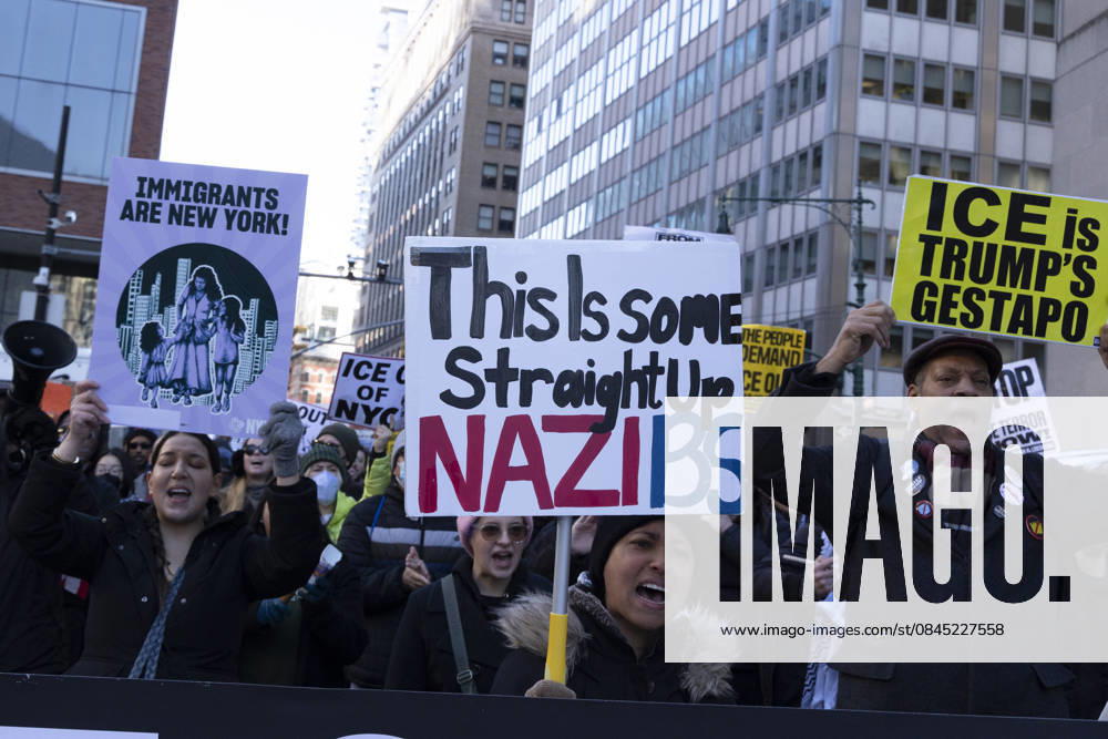 Anti-ICE demonstrators march through Lower Manhattan from Foley Square to One World Trade Center to protest outside of Department of Homeland Security Secretary K. Noem s press conference. Protesters hold signs that read This Is some Straight Up NAZI BS IMMIGRANTS ARE NEW YORK! ICE is TRUMP S GESTAPO. Noem s New York City appearance occurs the day following the shooting and killing of R. Good, a legal observer in Minneapolis by an ICE agent. Hands Off New York City and coalition members demonstrate in solidarity with people in Minneapolis and across the country who are standing up to ICE. New York USA - ZUMAr174 20260108_znp_r174_040