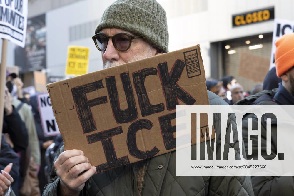 Anti-ICE demonstrators picket outside of Department of Homeland Security Secretary K. Noem s press conference at One World Trade Center in Lower Manhattan. A protester holds a sign that reads FUCK ICE. Noem s New York City appearance occurs the day following the shooting and killing of R. Good, a legal observer in Minneapolis by an ICE agent. Hands Off New York City and coalition members demonstrate in solidarity with people in Minneapolis and across the country who are standing up to ICE. New York USA - ZUMAr174 20260108_znp_r174_041
