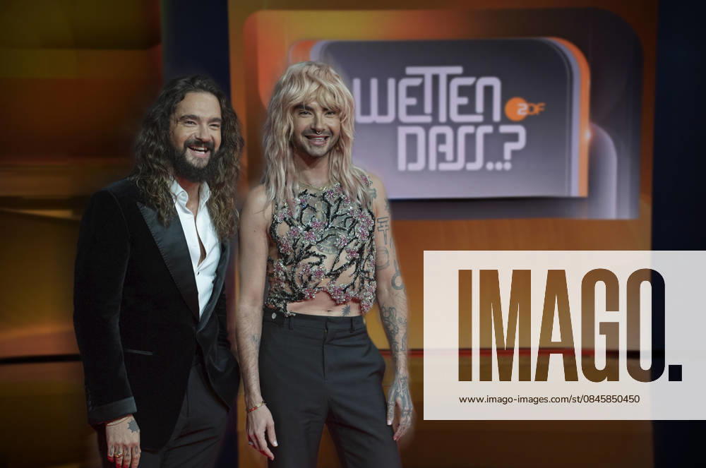 ACHTUNG FOTOMONTAGE: Die Musiker und Podcaster Bill und Tom Kaulitz moderieren die naechste Ausgabe von Wetten, dass..? im ZDF. Wie der Sender bestaetigte, werden sie als Gastgeber durch die traditionsreiche TV-Show fuehren. Wetten dass Logo Wetten dass....? ZDF- Fernsehshow, Unterhaltungssendung
