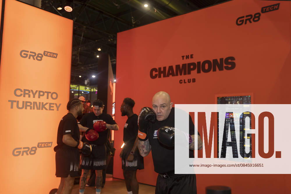 A man wearing boxing gloves seen at the GR8 Tech, Crypto Turnkey Platform booth during the third day of ICE Barcelona 2026, ??International Casino Exhibition at the Fira de Barcelona. Barcelona Spain - ZUMAs197 20260121_aaa_s197_285