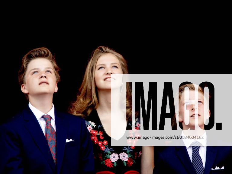 Parade Belgium royal family during the traditional military parade in front of the Royal Palace on Belgian national day in Brussels. Princess Elisabeth and Prince Gabriel and Prince Emmanuel