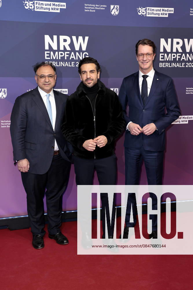 Walid Nakschbandi (CEO Medienstiftung NRW), Elyas M Barek und Hendrik Wuest beim NRW Empfang am 15.02.2026 im Rahmen der 76. Berlinale in Berlin NRW Berlinale Empfang in Berlin