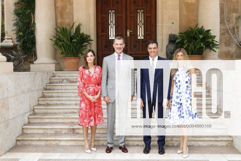 Palma Queen Letizia and King Felipe during a meeting with Spanish Prime Minister Pedro Sanchez and María Begona Gomez Fernandez at Marivent palace on Palma de Mallorca.