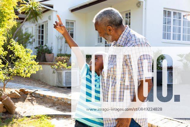 Senior African American man and his grandson spending time together in their garden on a sunny day Senior African American man and his grandson spending time together in their garden on a sunny day, smiling and embracing., model released, , property released, Cape Town, South Africa, 24.01.2020, 1352227.jpg, people,real people,home,domestic life,lifestyle,free time,leisure,relaxing,happy,enjoying,smiling,summer,garden,backyard,sunny,hobby,heathy,nature,heathy lifestyle,active seniors,retirement,interacting,togetherness,closeness,grandfather,grandson,playing,fun,embracing Child,Boy,Male,Black,Senior,Elderly,Man,Mixed-Race Outdoors,Side view,Focus on Foreground,Looking up,Two objects,Day,Half length