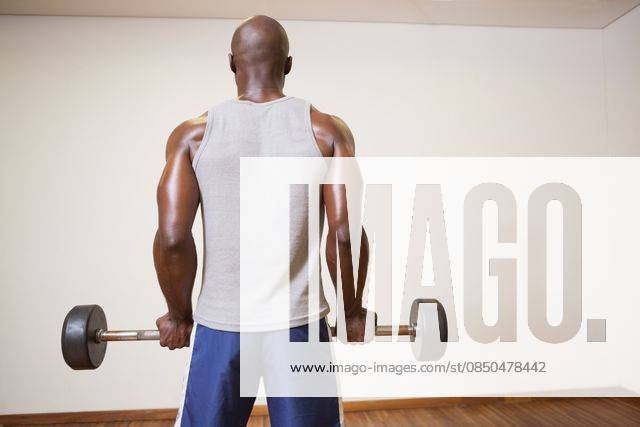 Rear view of a muscular man lifting barbell Rear view of a muscular man lifting barbell in gym, model released, Cape Town, South Africa, 28.02.2014, 357973.jpg, body, fit, fitness, healthy, leisure, lifestyle, sporty, athletic, wellness, body care, strong, athlete, muscular, toned, masculine, gym, health, physical, shape, attractive, bodybuilder, bodybuilding, physique, strength, muscle, bicep, crossfit, arms, club, workout, fitness studio, health club, macho, masculinity, training, wellbeing, working out, biceps, muscles, standing, exercise equipment, barbell, active, equipment, exercise, weights, training, exercise room, lifting, bald, wall 30s, Mid Adult, Man, Male, Black, 35-39 Years, Mid Adult Men, African Ethnicity Indoors,Rear vie
