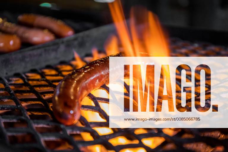 Berlin, Deutschland, GER - Ein Würstchen liegt auf einem Rost und wird gegrillt.