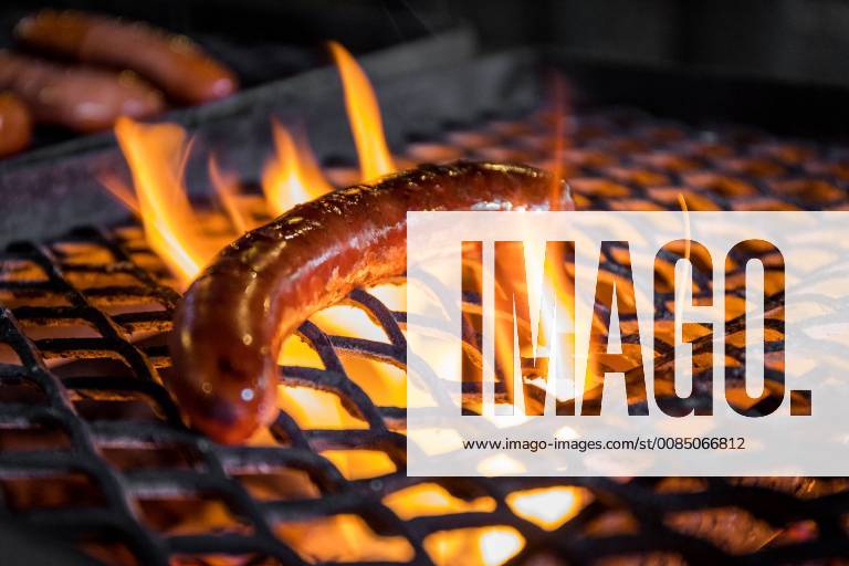 Berlin, Deutschland, GER - Ein Würstchen liegt auf einem Rost und wird gegrillt.