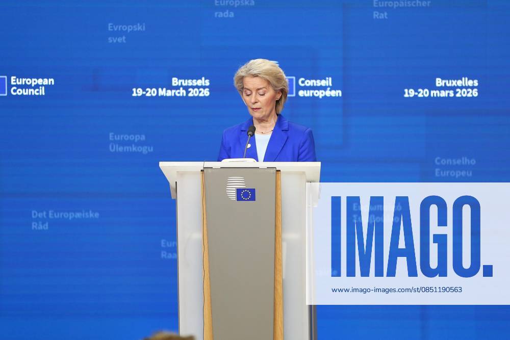 Brüssel, Belgien, 20.03.2026: Europa-Gebäude: EU-Gipfel: Ursula von der Leyen auf der Pressekonferenz nach Ende des Gipfels