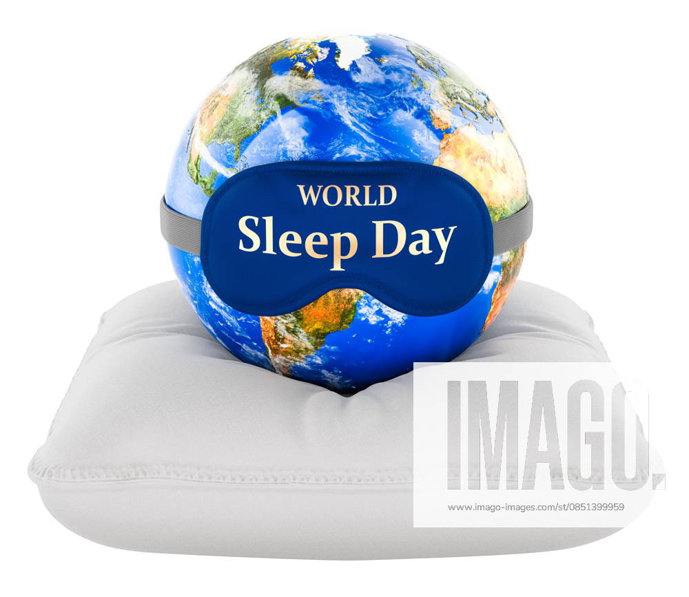 Konzept zum Welt-Schlaftag. Erde auf einem Kissen mit Welt-Schlaftag-Maske. 3D-Rendering World Sleep Day concept. Earth on pillow with world sleep day mask. 3D rendering isolated on white background (License=RF)