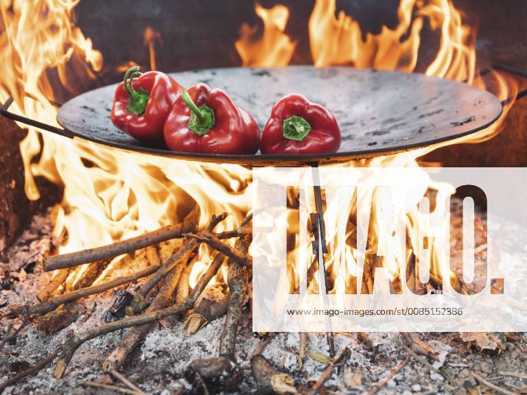Red bell peppers on barbecue tray NOF00039