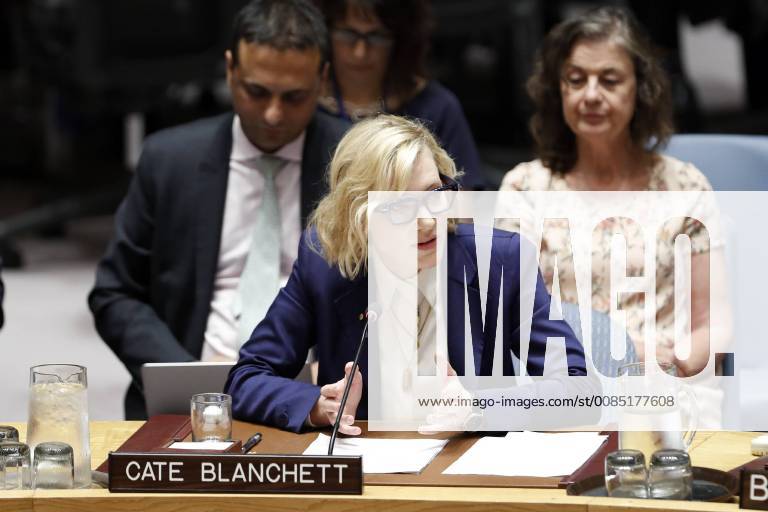 (180828) -- UNITED NATIONS, Aug. 28, 2018 -- Cate Blanchett (front), United Nations Refugee Agency Goodwill Ambassador, addresses the Security Council on the situation in Myanmar and the Rohingya refugee crisis, at the UN headquarters in New York, Aug. 28, 2018. Cate Blanchett on Tuesday asked for efforts to help Rohingya refugees in Bangladesh and to create the right conditions for their return to Myanmar. ) UN-SECURITY COUNCIL-MYANMAR-ROHINGYA CRISIS-CATE BLANCHETT LixMuzi