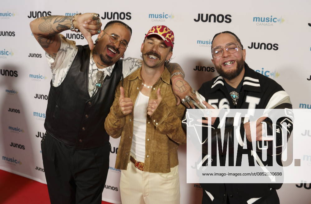 Hamilton, On, CAN: Sonreal, centre, poses with Snotty Nose Rez Kids, together nominated for Rap Single of the Year, on the red carpet at the 2026 Juno Awards Gala in Hamilton, Saturday, March 28, 2026. Hamilton CAN - ZUMAc35_ 20260328_zaf_c35_094