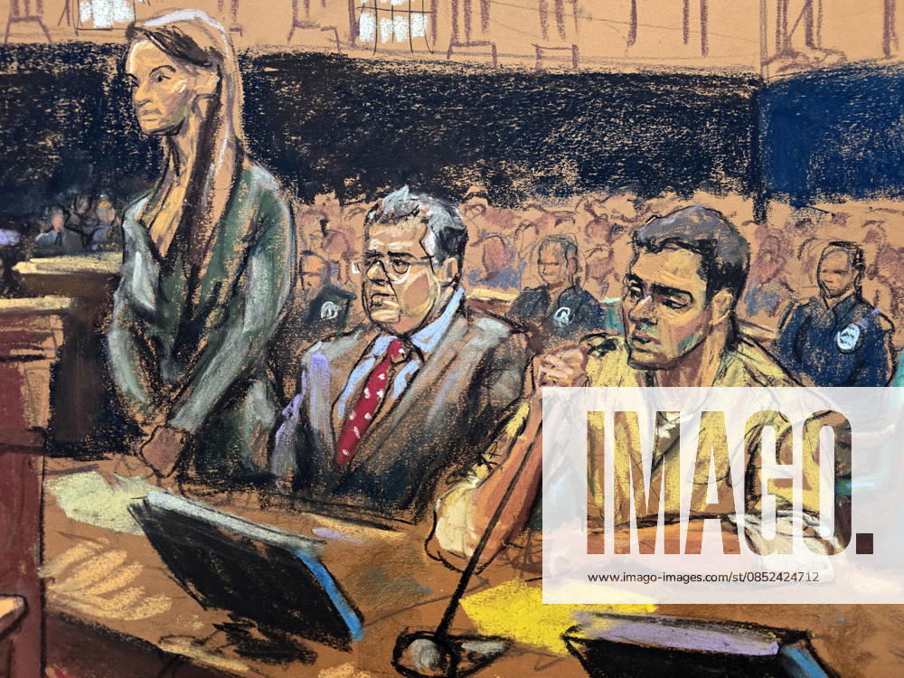 Photograph of a drawing by artist Jane Rosenberg showing Luigi Mangione (R) speaking alongside his attorneys Karen (L) and Marc Agnifilo (C) during a hearing in a federal court in New York, United States, 01 April 2026. A New York judge postponed the federal trial of Luigi Mangione, the 27-year-old accused of murdering UnitedHealthcare CEO Brian Thompson, rescheduling it for mid-October or early November, which adds more time between this proceeding and his state trial in June. Luigi Mangione s federal trial has been postponed until late October !ACHTUNG: NUR REDAKTIONELLE NUTZUNG!