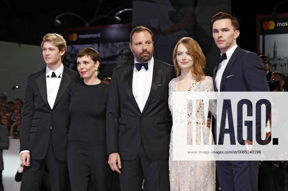 Joe Alwyn, Olivia Colman, Yorgos Lanthimos, Emma Stone and Nicholas Hoult attending the The Favourite premiere at the 75th Venice International Film Festival at the Palazzo del Cinema on August 30, 2018 in Venice, Italy