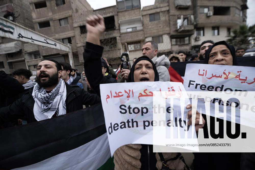 Protest in Damascus against Israeli death penalty law for Palestinians DAMASCUS, SYRIA - APRIL 1: Demonstrators gather in the Yarmouk and Tadamon areas to protest a controversial Israeli death penalty law concerning Palestinians, calling for its repeal and an end to violations against Palestinian civilians in Damascus, Syria on April 1, 2026. Hasan Belal Anadolu Damascus Syria. Editorial use only. Please get in touch for any other usage.
