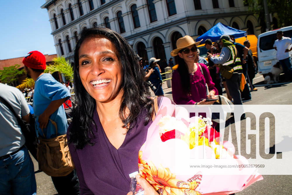 2026 Los Angeles Mayoral candidate NITHYA RAMAN holds flowers during the yearly Blessing of the Animals at Olvera Street on Saturday, April 4, 2026 in Los Angeles, California. Los Angeles USA - ZUMAh206 20260404_znp_h206_010