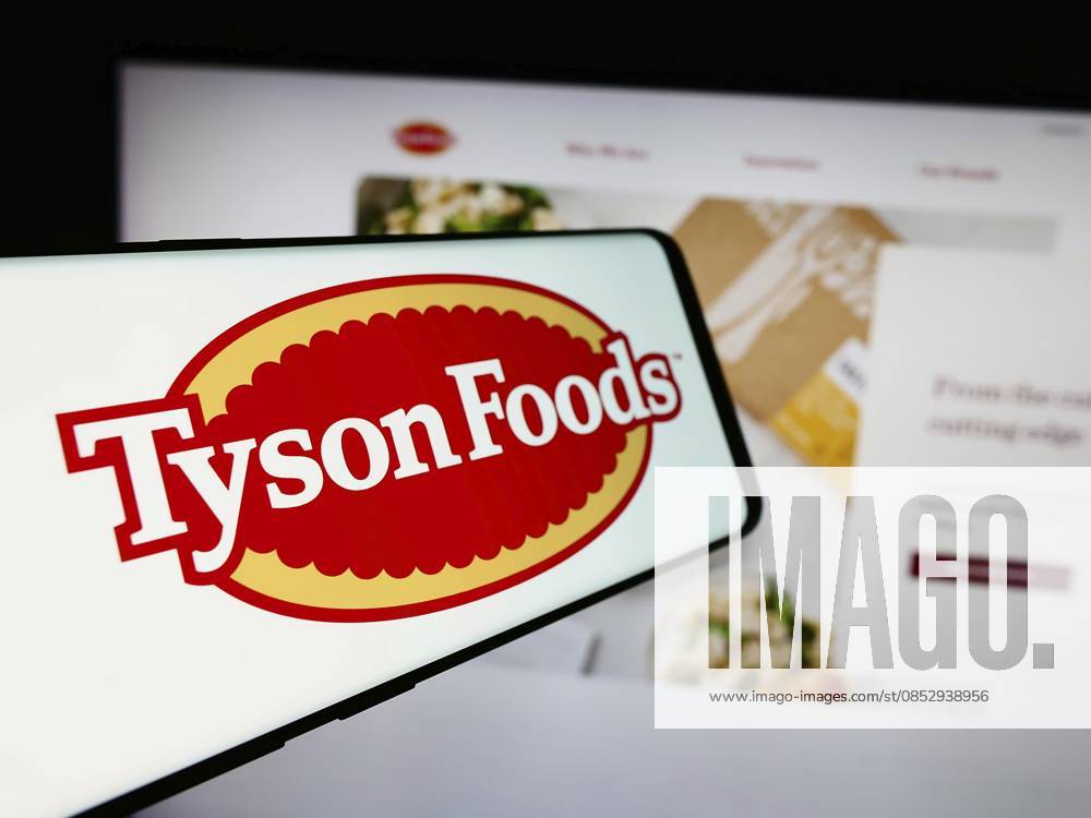 Stuttgart, Deutschland 13.08.2024: Handy mit Logo des amerikanischen Lebensmittelverarbeitungsunternehmens Tyson Foods Inc. vor der Unternehmenswebsite. Konzentrieren Sie sich auf die linke Mitte des Telefondisplays Stuttgart, Germany - 08-13-2024: Mobile phone with logo of American food processing company Tyson Foods Inc. in front of business website. Focus on center-left of phone display