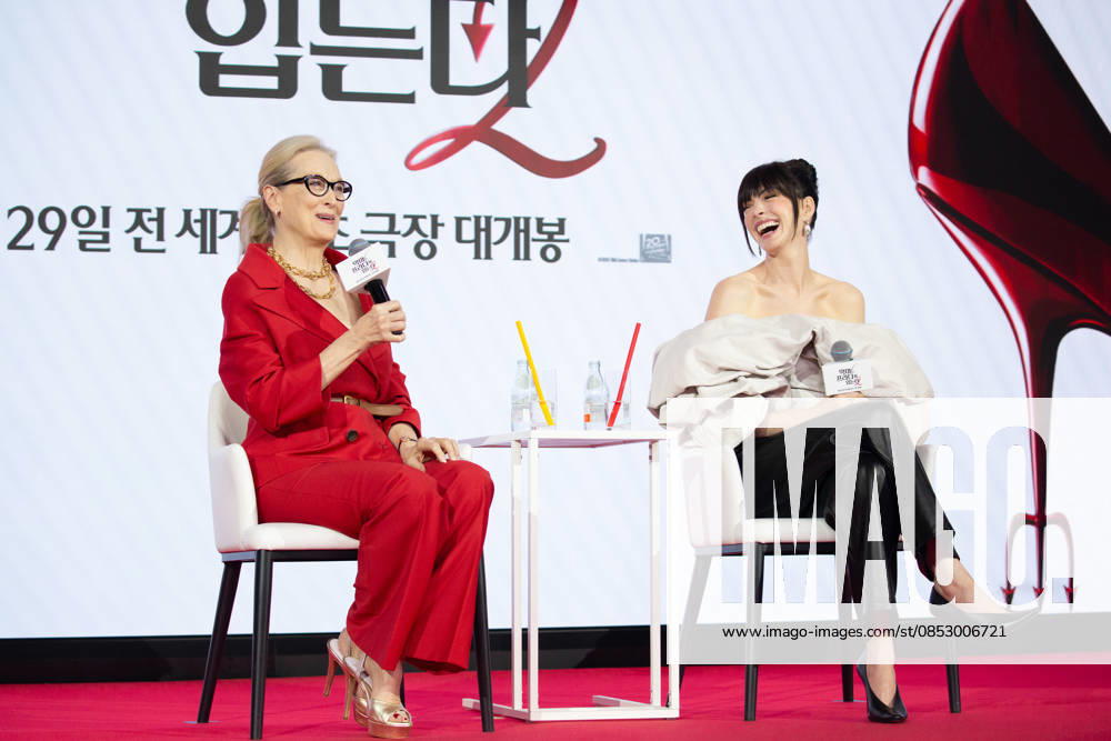 Meryl Streep and Anne Hathaway, Apr 8, 2026 : Actresses Meryl Streep (L) and Anne Hathaway at a press conference for the comedy drama film The Devil Wears Prada 2 in Seoul, South Korea. aflo_326274391