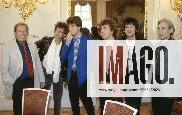 President Vaclav Havel, from left, meets the Rolling Stones (Keith Richards, Mick Jagger, Bill Wyman, Ron Wood and Charlie Wats) at Prague Castle, Czechoslovakia, on August 18, 1990, before their first concert in Prague. (CTKxPhoto MichalxKrumphanzl) CTKPhotoF201201190225401