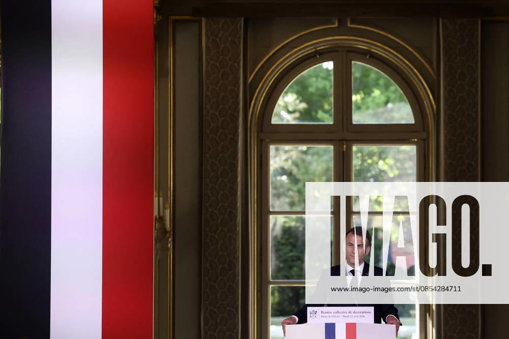Decoration Ceremony For The Police Forces Who Intervened At The Bataclan - Paris France s President, Emmanuel Macron delivers a speech during a ceremony for awarding collective decorations to the police forces who intervened at the Bataclan during the attacks on November 13, 2015, at the Elysee Presidential palace, in Paris, on April, 21, 2026. Photo by Stephane Lemouton Pool ABACAPRESS.COM Paris France