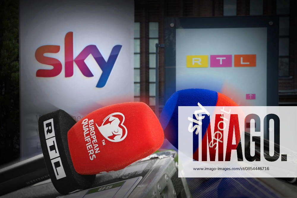 ACHTUNG FOTOMONTAGE: Nach Uebernahme RTL kauft Sky. Mikrofone von RTL und skySport. Konzernzentrale von RTL in Deutschland an der Koelner Messe und das sky Logo in Unterfoehring.