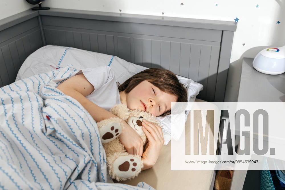 Boy sleeping peacefully in a cozy bed hugging a teddy bear at home model released, Symbolfoto property released, ELMF01276