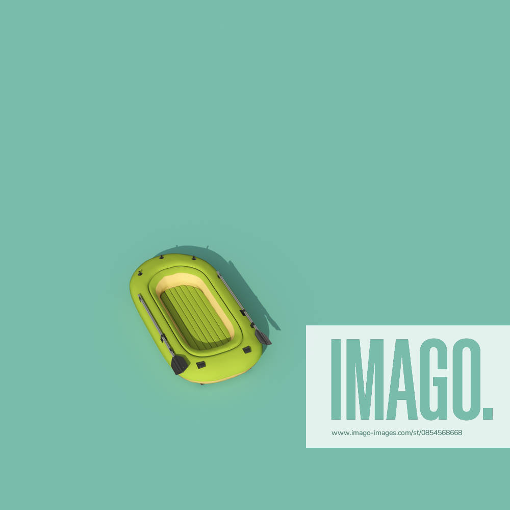 3d rendering of green inflatable boat on turquoise background, UWF02762