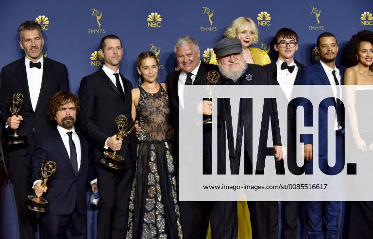 Cast and crew of Game of Thrones , winners of the award for Outstanding Writing for a Drama Series, appear backstage during the 70th annual Primetime Emmy Awards at the Microsoft Theater in downtown Los Angeles on September 17, 2018. LAP201809171614 JIMxRUYMEN