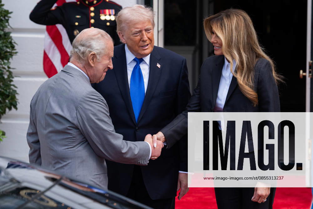 First lady Melania Trump shakes hands with King Charles III of the United Kingdom of Great Britain and Northern Ireland as United States President Donald J Trump looks on during a farewell on the South Portico of the White House in Washington, DC, USA, on Thursday