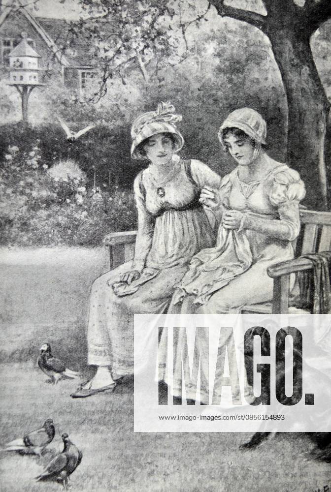 Engraving of Jane Austen and her sister Cassandra Engraving of Jane Austen and her sister Cassandra doing needlework in the rectory garden. Dated 1810 Editorial use only. All other uses to be cleared with the copyright owner (World History Archive), in advance., WHA_052_0926.jpg, Jane Austen; Cassandra Austen; needlework; embroidery; sisters; women; historical; 1810; engraving; rectory garden; Regency era; British literature; authors; famous siblings; Regency fashion; Regency society; British culture; literary figures; female writers; Regency England; Austen family; Regency lifestyle; Regency period; Regency artwork; Regency style; Regency portrait; Regency women; Regency activities; Regency pastimes; Regency leisure.